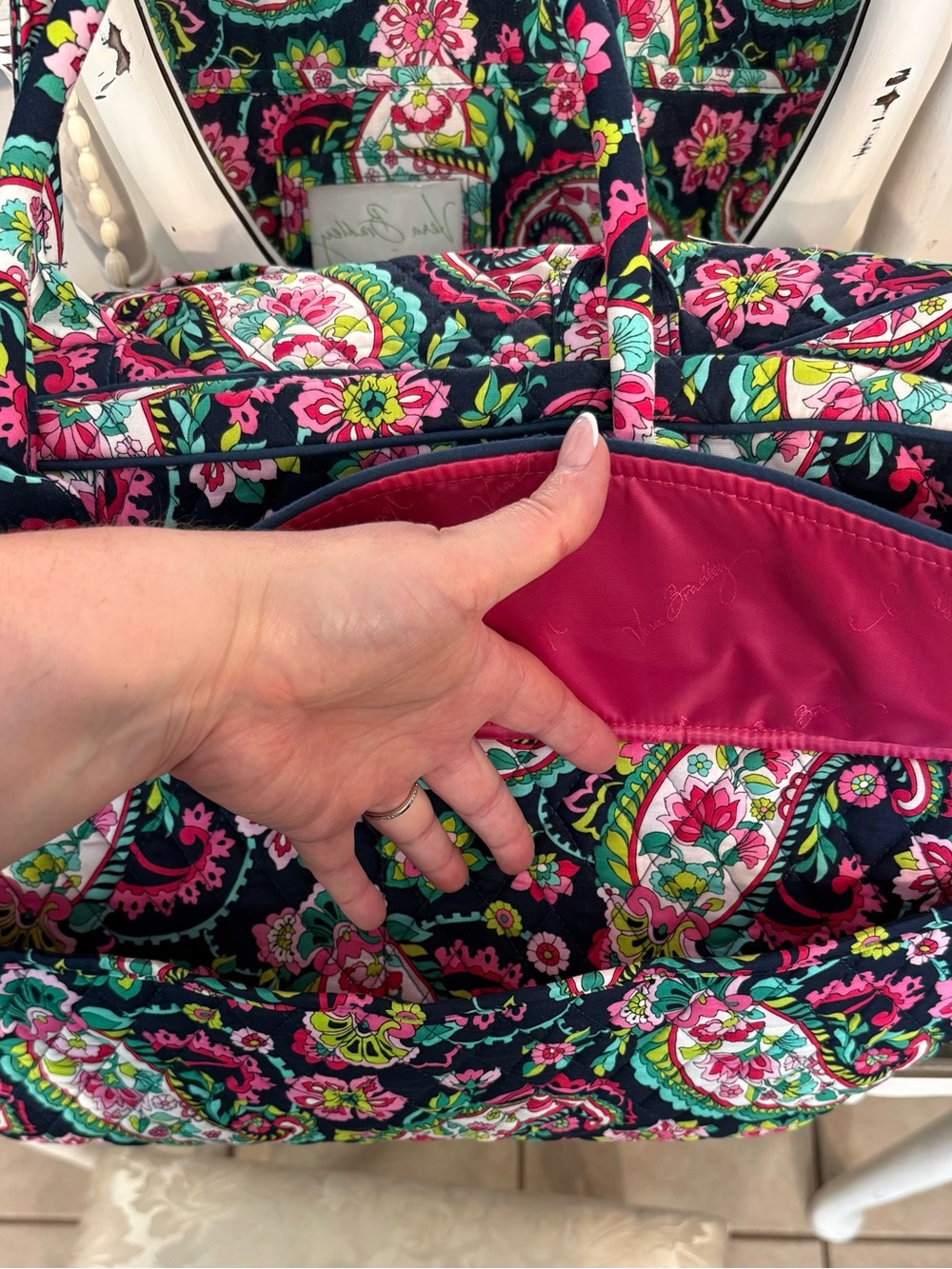 Vera Bradley Navy Paisley Travel Tote with Pink & Green Accents - Picture 4 of 12